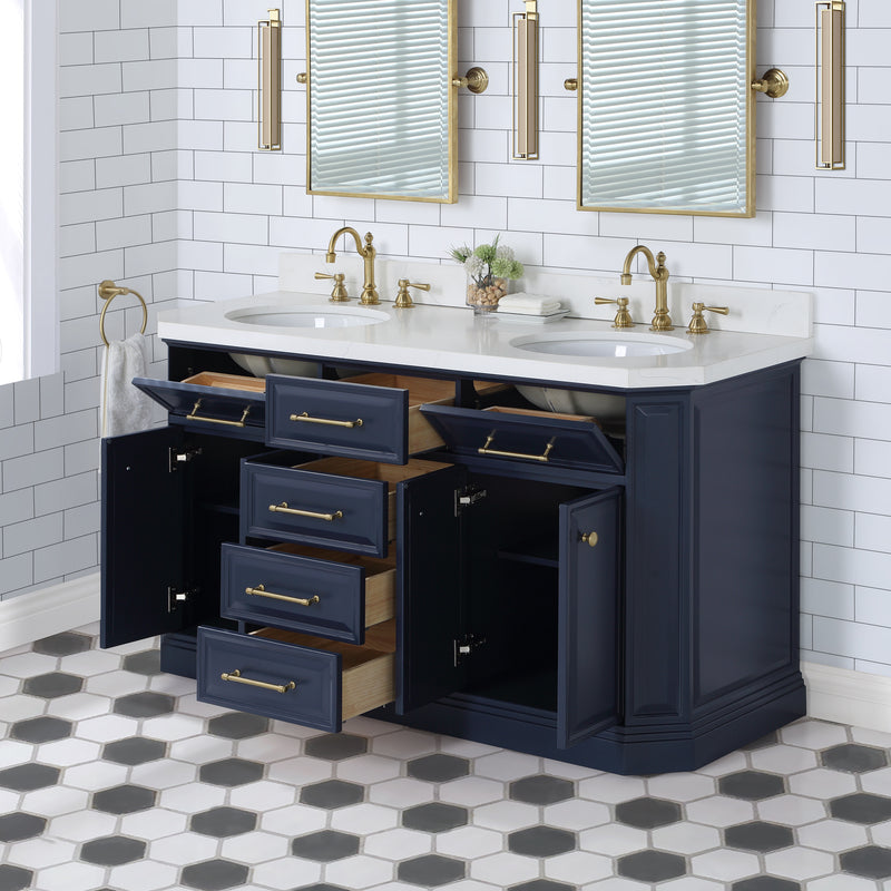 Water Creation PA60QZ06 - Palace 60 In. Double Sink Pre-Assembled Contemporary Style Bathroom Vanity With 1-9/16" Carrara White Engineered Marble Top And Satin Gold Hardware