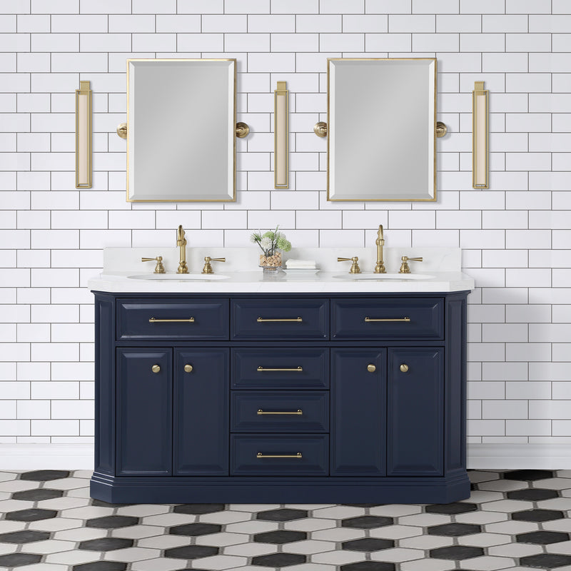 Water Creation PA60QZ06 - Palace 60 In. Double Sink Pre-Assembled Contemporary Style Bathroom Vanity With 1-9/16" Carrara White Engineered Marble Top And Satin Gold Hardware