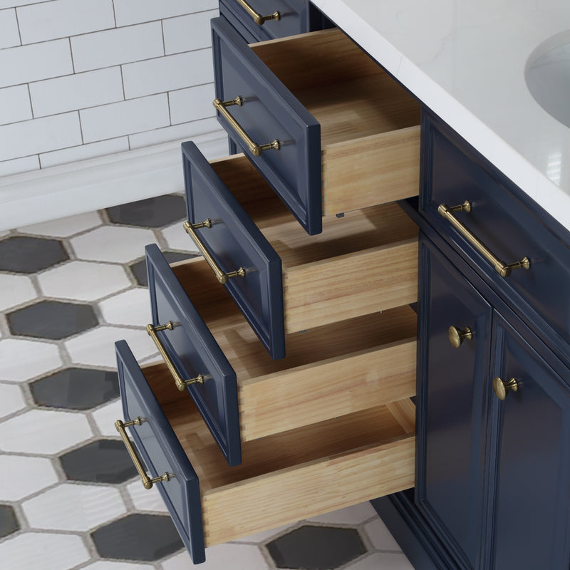 Water Creation PA60QZ06 - Palace 60 In. Double Sink Pre-Assembled Contemporary Style Bathroom Vanity With 1-9/16" Carrara White Engineered Marble Top And Satin Gold Hardware