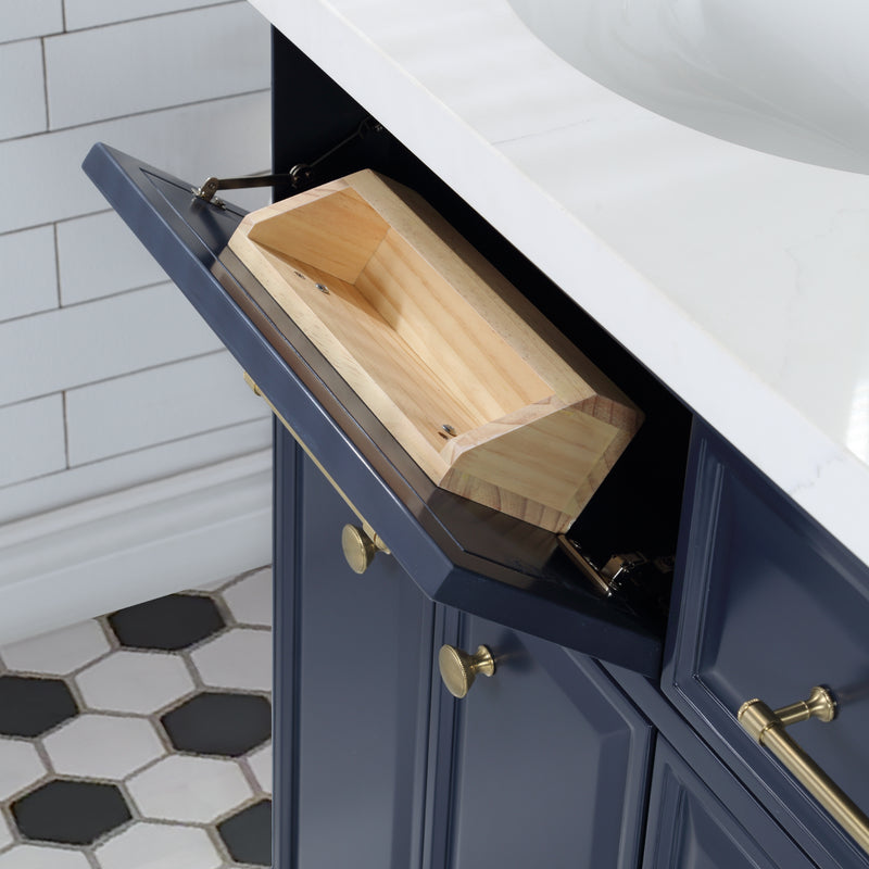 Water Creation PA60QZ06 - Palace 60 In. Double Sink Pre-Assembled Contemporary Style Bathroom Vanity With 1-9/16" Carrara White Engineered Marble Top And Satin Gold Hardware
