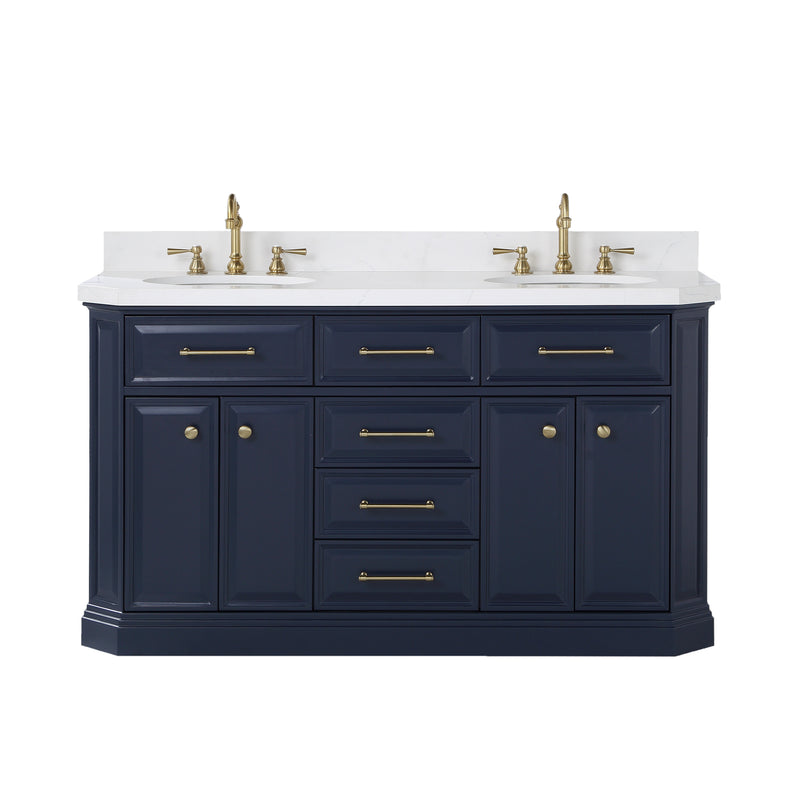 Water Creation PA60QZ06 - Palace 60 In. Double Sink Pre-Assembled Contemporary Style Bathroom Vanity With 1-9/16" Carrara White Engineered Marble Top And Satin Gold Hardware