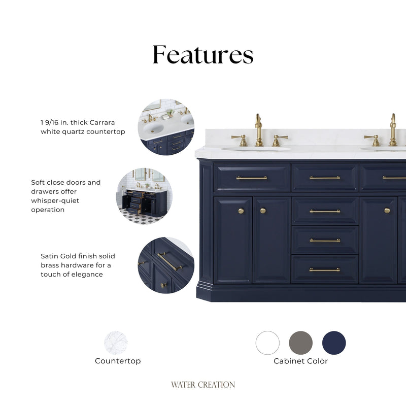 Water Creation PA60QZ06 - Palace 60 In. Double Sink Pre-Assembled Contemporary Style Bathroom Vanity With 1-9/16" Carrara White Engineered Marble Top And Satin Gold Hardware