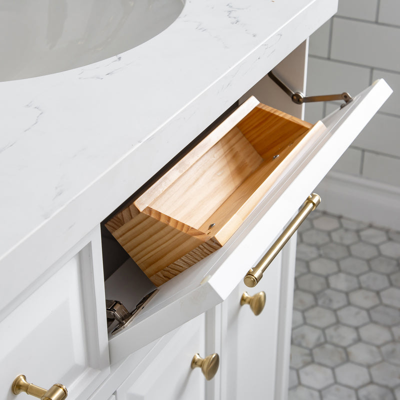 Water Creation PA60QZ06 - Palace 60 In. Double Sink Pre-Assembled Contemporary Style Bathroom Vanity With 1-9/16" Carrara White Engineered Marble Top And Satin Gold Hardware