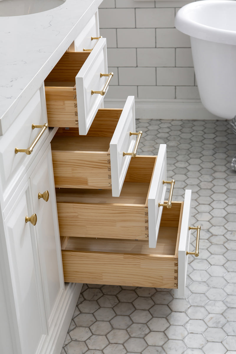 Water Creation PA60QZ06 - Palace 60 In. Double Sink Pre-Assembled Contemporary Style Bathroom Vanity With 1-9/16" Carrara White Engineered Marble Top And Satin Gold Hardware