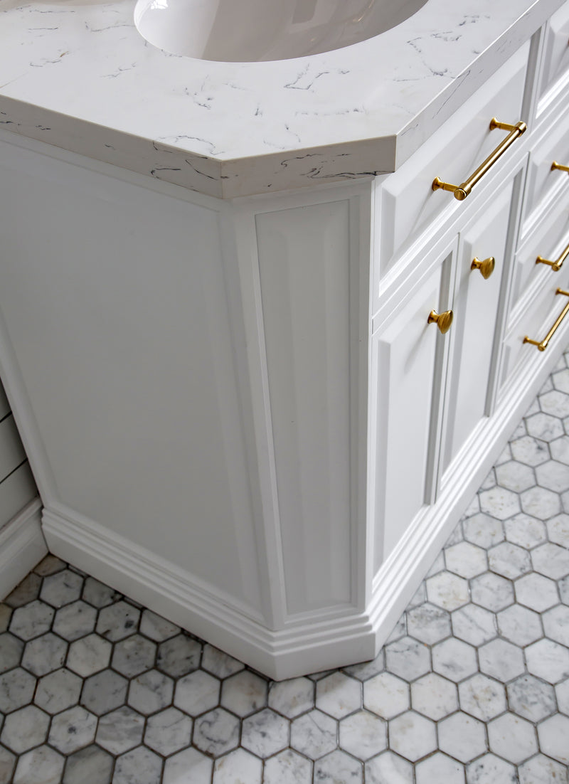 Water Creation PA60QZ06 - Palace 60 In. Double Sink Pre-Assembled Contemporary Style Bathroom Vanity With 1-9/16" Carrara White Engineered Marble Top And Satin Gold Hardware