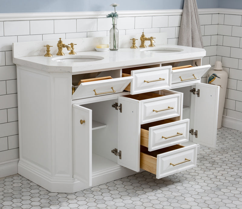 Water Creation PA60QZ06 - Palace 60 In. Double Sink Pre-Assembled Contemporary Style Bathroom Vanity With 1-9/16" Carrara White Engineered Marble Top And Satin Gold Hardware