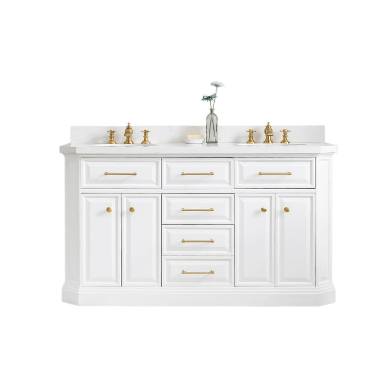 Water Creation PA60QZ06 - Palace 60 In. Double Sink Pre-Assembled Contemporary Style Bathroom Vanity With 1-9/16" Carrara White Engineered Marble Top And Satin Gold Hardware