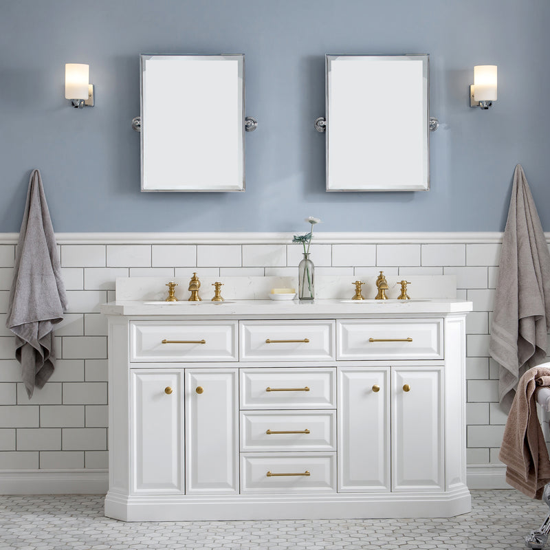 Water Creation PA60QZ06 - Palace 60 In. Double Sink Pre-Assembled Contemporary Style Bathroom Vanity With 1-9/16" Carrara White Engineered Marble Top And Satin Gold Hardware