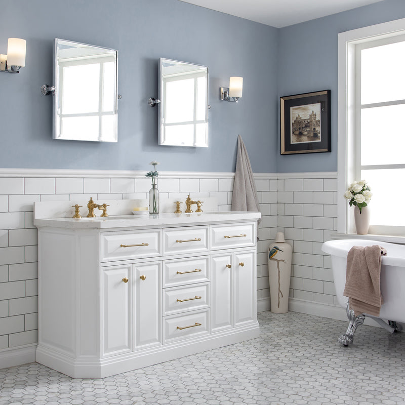 Water Creation PA60QZ06 - Palace 60 In. Double Sink Pre-Assembled Contemporary Style Bathroom Vanity With 1-9/16" Carrara White Engineered Marble Top And Satin Gold Hardware