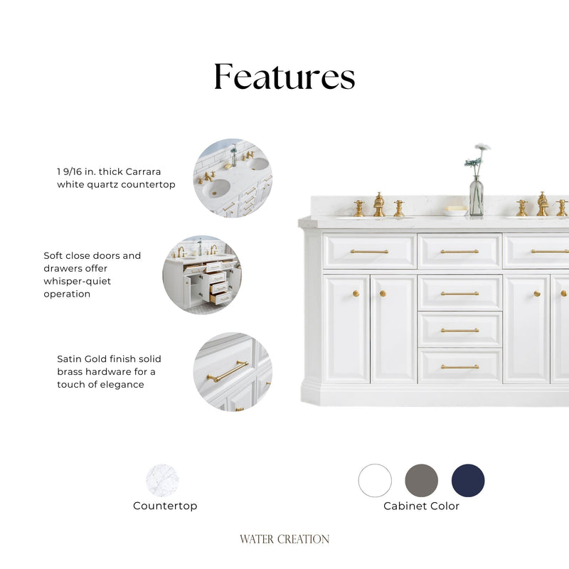 Water Creation PA60QZ06 - Palace 60 In. Double Sink Pre-Assembled Contemporary Style Bathroom Vanity With 1-9/16" Carrara White Engineered Marble Top And Satin Gold Hardware