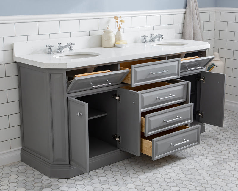 Water Creation PA72QZ01 - Palace 72 In. Double Sink Pre-Assembled Contemporary Style Bathroom Vanity With 1-9/16" Carrara White Engineered Marble Top And Chrome Hardware