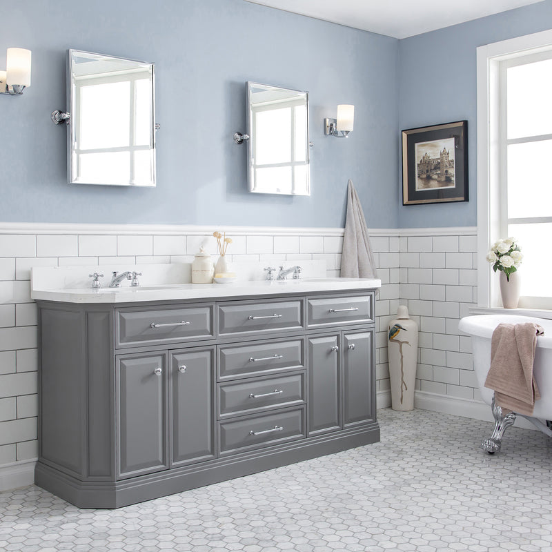 Water Creation PA72QZ01 - Palace 72 In. Double Sink Pre-Assembled Contemporary Style Bathroom Vanity With 1-9/16" Carrara White Engineered Marble Top And Chrome Hardware
