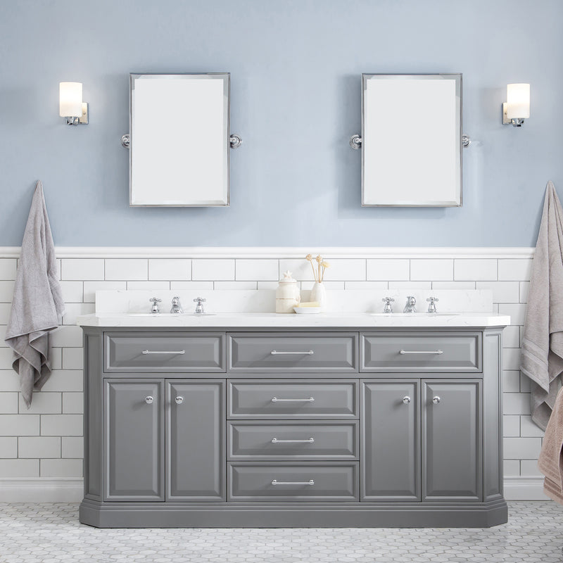 Water Creation PA72QZ01 - Palace 72 In. Double Sink Pre-Assembled Contemporary Style Bathroom Vanity With 1-9/16" Carrara White Engineered Marble Top And Chrome Hardware