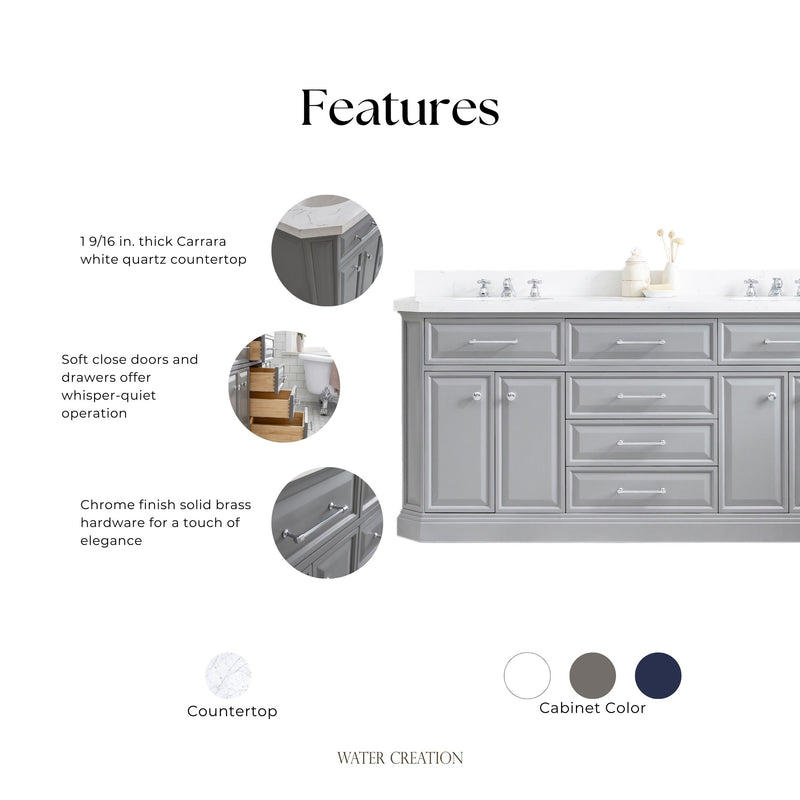 Water Creation PA72QZ01 - Palace 72 In. Double Sink Pre-Assembled Contemporary Style Bathroom Vanity With 1-9/16" Carrara White Engineered Marble Top And Chrome Hardware
