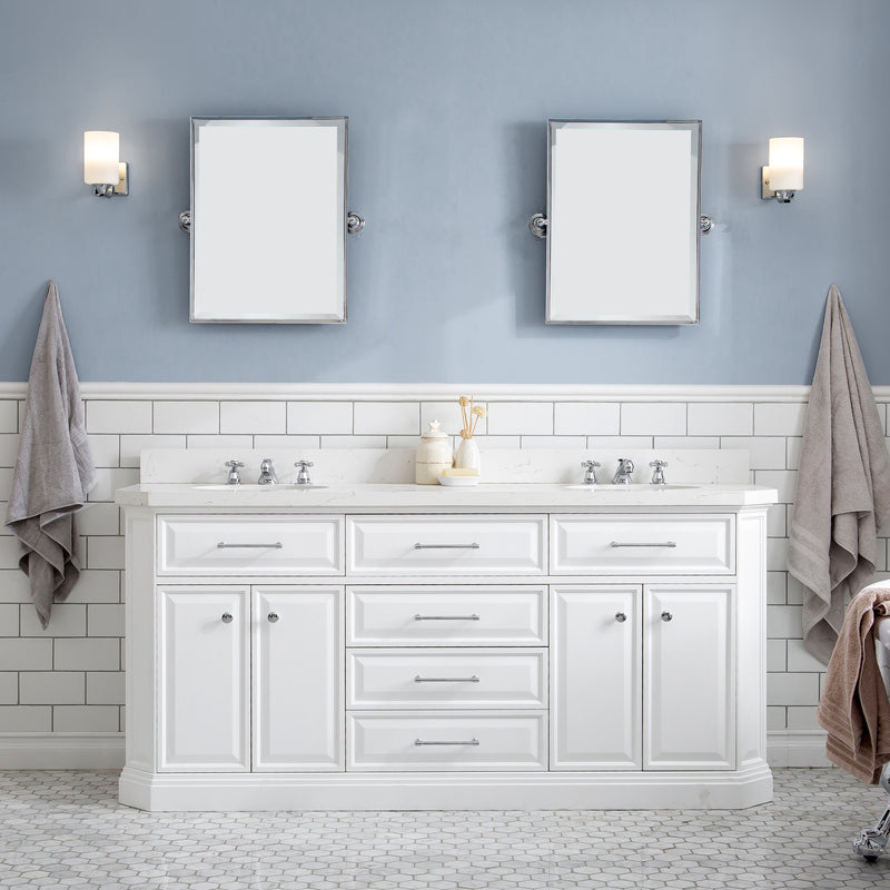 Water Creation PA72QZ01 - Palace 72 In. Double Sink Pre-Assembled Contemporary Style Bathroom Vanity With 1-9/16" Carrara White Engineered Marble Top And Chrome Hardware