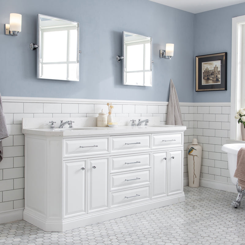 Water Creation PA72QZ01 - Palace 72 In. Double Sink Pre-Assembled Contemporary Style Bathroom Vanity With 1-9/16" Carrara White Engineered Marble Top And Chrome Hardware