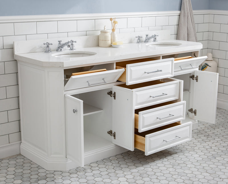 Water Creation PA72QZ01 - Palace 72 In. Double Sink Pre-Assembled Contemporary Style Bathroom Vanity With 1-9/16" Carrara White Engineered Marble Top And Chrome Hardware