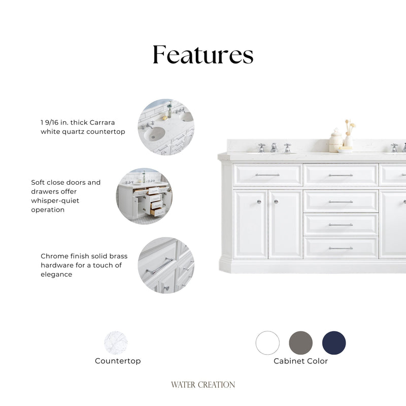 Water Creation PA72QZ01 - Palace 72 In. Double Sink Pre-Assembled Contemporary Style Bathroom Vanity With 1-9/16" Carrara White Engineered Marble Top And Chrome Hardware