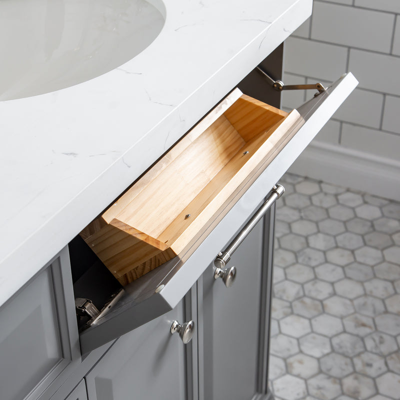 Water Creation PA72QZ05 - Palace 72 In. Double Sink Pre-Assembled Contemporary Style Bathroom Vanity With 1-9/16" Carrara White Engineered Marble Top And Polished Nickel Hardware