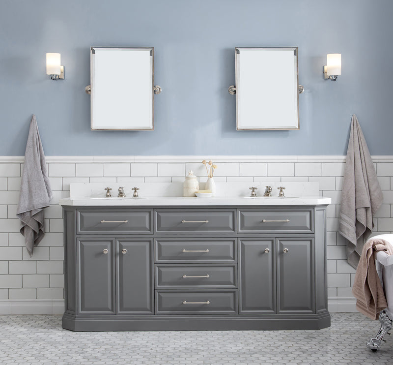 Water Creation PA72QZ05 - Palace 72 In. Double Sink Pre-Assembled Contemporary Style Bathroom Vanity With 1-9/16" Carrara White Engineered Marble Top And Polished Nickel Hardware