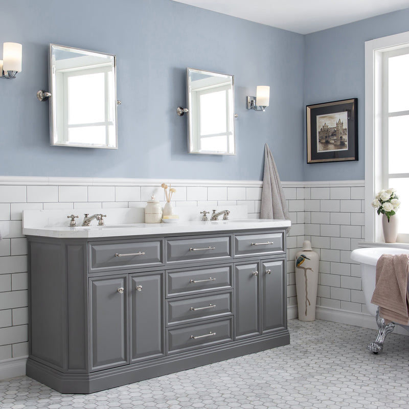 Water Creation PA72QZ05 - Palace 72 In. Double Sink Pre-Assembled Contemporary Style Bathroom Vanity With 1-9/16" Carrara White Engineered Marble Top And Polished Nickel Hardware