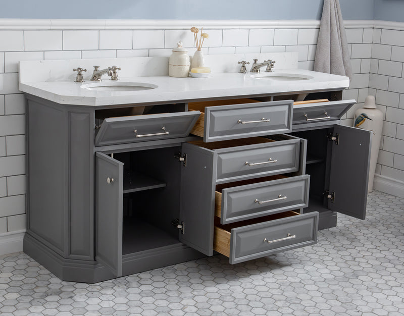 Water Creation PA72QZ05 - Palace 72 In. Double Sink Pre-Assembled Contemporary Style Bathroom Vanity With 1-9/16" Carrara White Engineered Marble Top And Polished Nickel Hardware