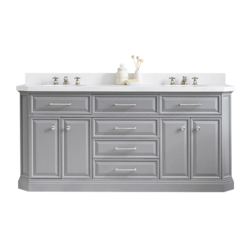 Water Creation PA72QZ05 - Palace 72 In. Double Sink Pre-Assembled Contemporary Style Bathroom Vanity With 1-9/16" Carrara White Engineered Marble Top And Polished Nickel Hardware