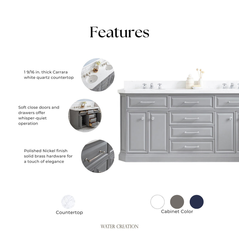 Water Creation PA72QZ05 - Palace 72 In. Double Sink Pre-Assembled Contemporary Style Bathroom Vanity With 1-9/16" Carrara White Engineered Marble Top And Polished Nickel Hardware