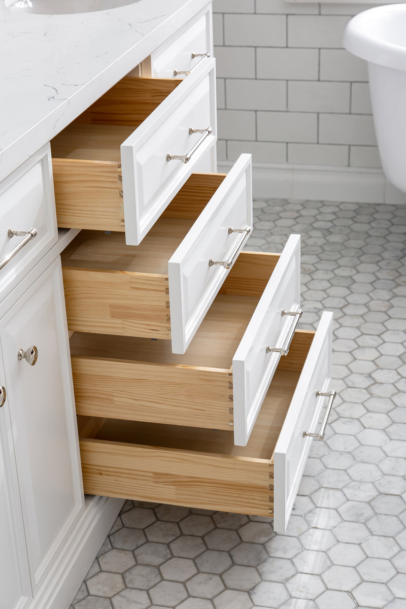 Water Creation PA72QZ05 - Palace 72 In. Double Sink Pre-Assembled Contemporary Style Bathroom Vanity With 1-9/16" Carrara White Engineered Marble Top And Polished Nickel Hardware