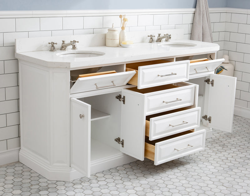 Water Creation PA72QZ05 - Palace 72 In. Double Sink Pre-Assembled Contemporary Style Bathroom Vanity With 1-9/16" Carrara White Engineered Marble Top And Polished Nickel Hardware