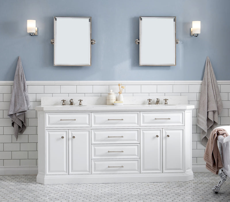 Water Creation PA72QZ05 - Palace 72 In. Double Sink Pre-Assembled Contemporary Style Bathroom Vanity With 1-9/16" Carrara White Engineered Marble Top And Polished Nickel Hardware