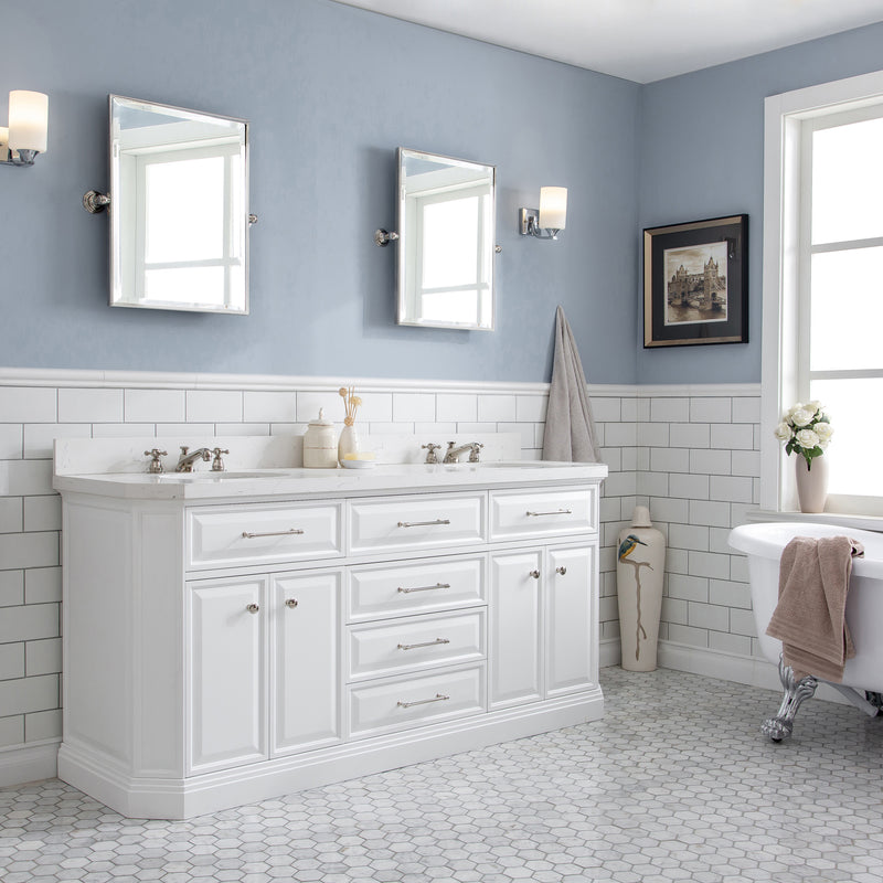 Water Creation PA72QZ05 - Palace 72 In. Double Sink Pre-Assembled Contemporary Style Bathroom Vanity With 1-9/16" Carrara White Engineered Marble Top And Polished Nickel Hardware