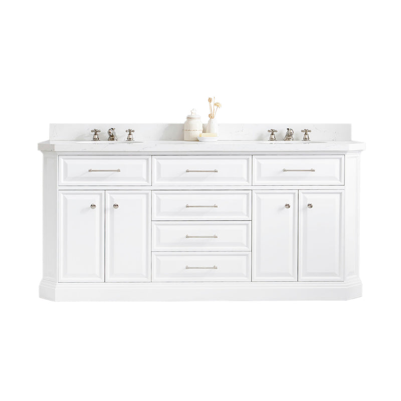 Water Creation PA72QZ05 - Palace 72 In. Double Sink Pre-Assembled Contemporary Style Bathroom Vanity With 1-9/16" Carrara White Engineered Marble Top And Polished Nickel Hardware