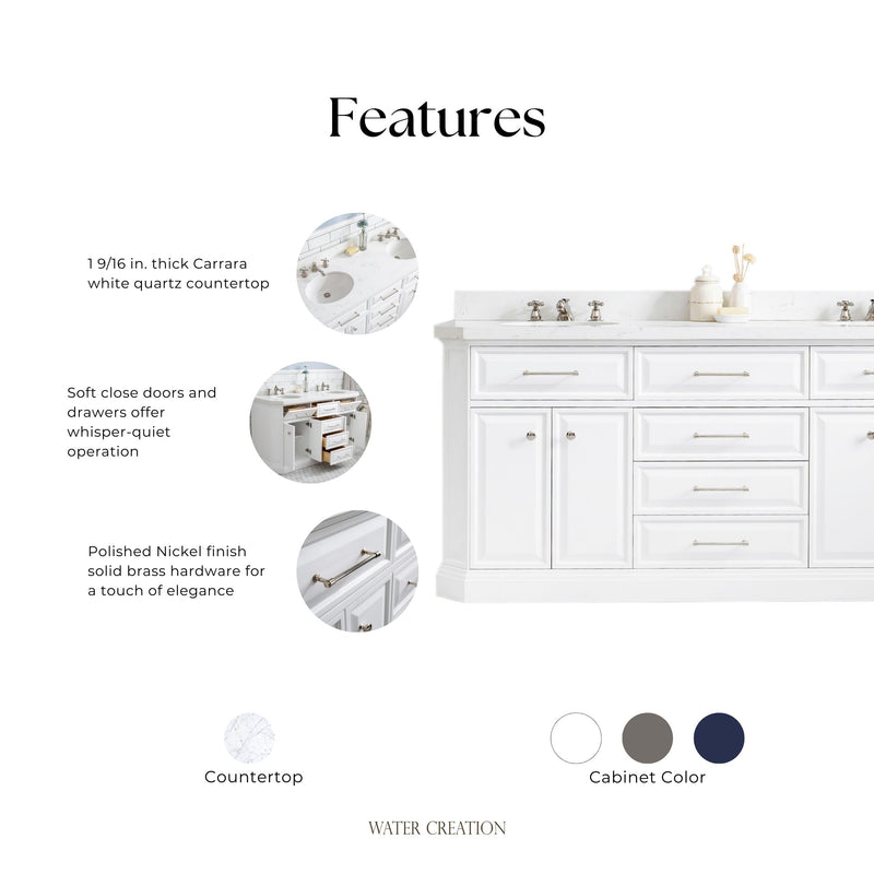 Water Creation PA72QZ05 - Palace 72 In. Double Sink Pre-Assembled Contemporary Style Bathroom Vanity With 1-9/16" Carrara White Engineered Marble Top And Polished Nickel Hardware