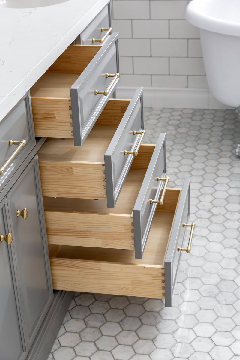 Water Creation PA72QZ06 - Palace 72 In. Double Sink Pre-Assembled Contemporary Style Bathroom Vanity With 1-9/16" Carrara White Engineered Marble Top And Satin Gold Hardware