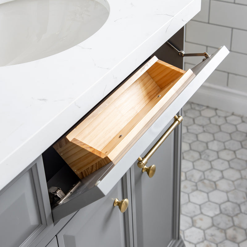 Water Creation PA72QZ06 - Palace 72 In. Double Sink Pre-Assembled Contemporary Style Bathroom Vanity With 1-9/16" Carrara White Engineered Marble Top And Satin Gold Hardware