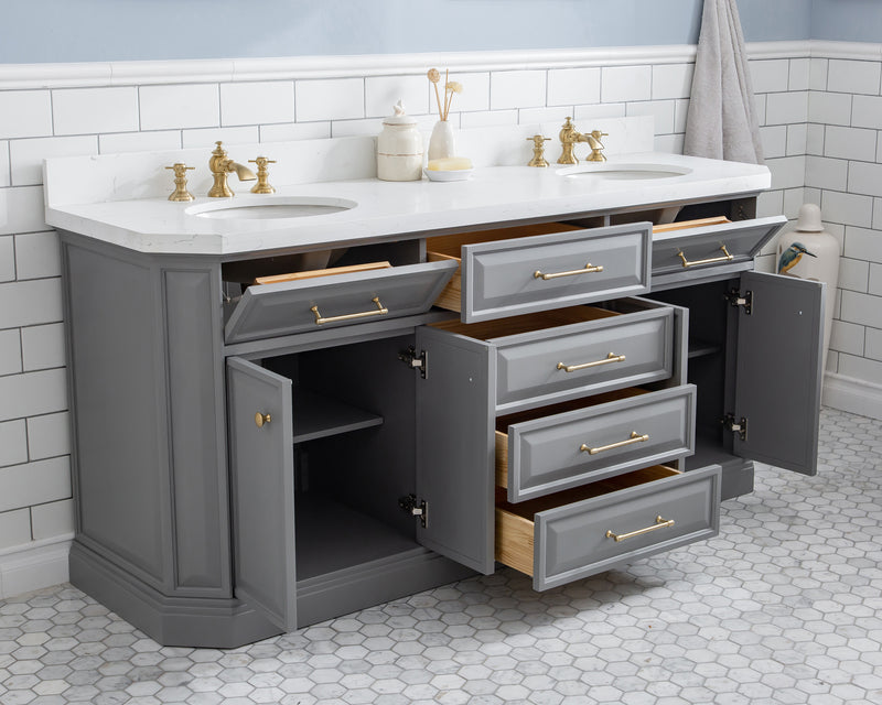 Water Creation PA72QZ06 - Palace 72 In. Double Sink Pre-Assembled Contemporary Style Bathroom Vanity With 1-9/16" Carrara White Engineered Marble Top And Satin Gold Hardware