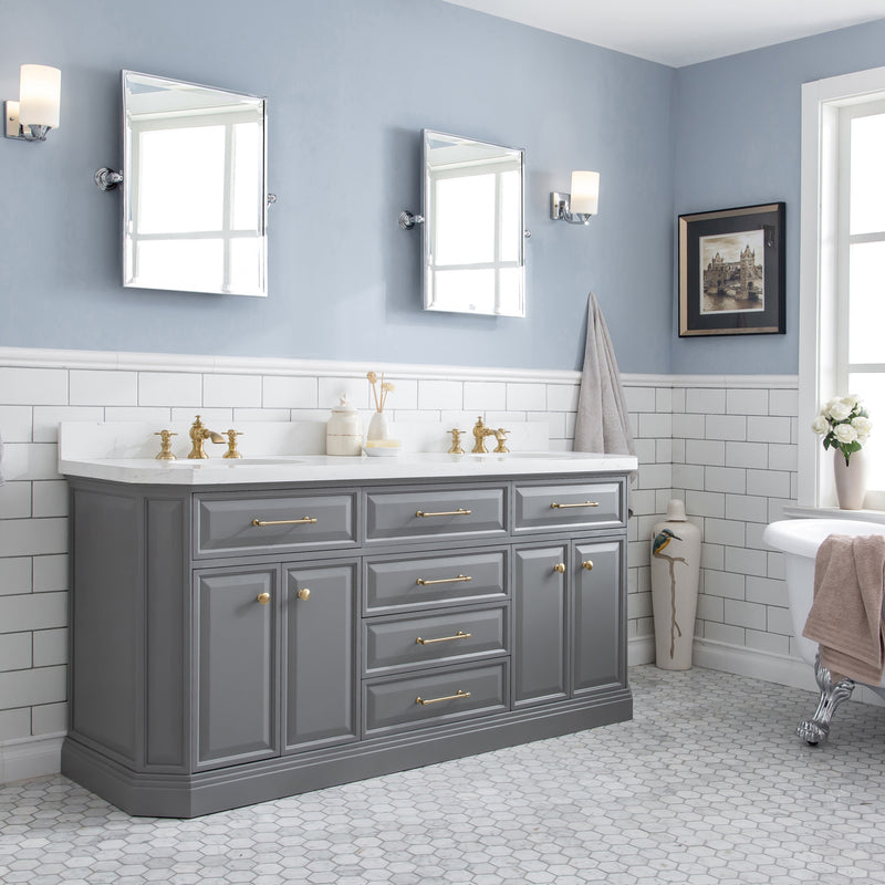 Water Creation PA72QZ06 - Palace 72 In. Double Sink Pre-Assembled Contemporary Style Bathroom Vanity With 1-9/16" Carrara White Engineered Marble Top And Satin Gold Hardware