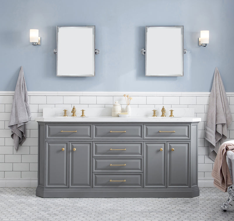Water Creation PA72QZ06 - Palace 72 In. Double Sink Pre-Assembled Contemporary Style Bathroom Vanity With 1-9/16" Carrara White Engineered Marble Top And Satin Gold Hardware
