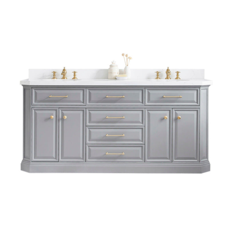 Water Creation PA72QZ06 - Palace 72 In. Double Sink Pre-Assembled Contemporary Style Bathroom Vanity With 1-9/16" Carrara White Engineered Marble Top And Satin Gold Hardware
