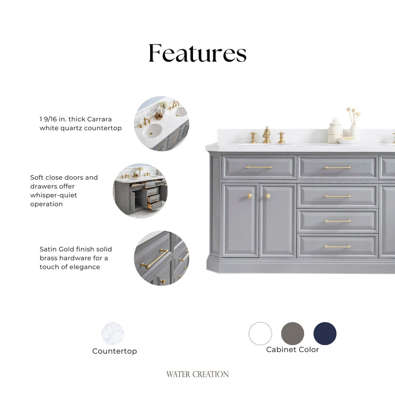 Water Creation PA72QZ06 - Palace 72 In. Double Sink Pre-Assembled Contemporary Style Bathroom Vanity With 1-9/16" Carrara White Engineered Marble Top And Satin Gold Hardware