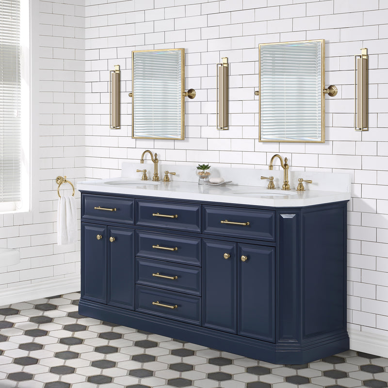 Water Creation PA72QZ06 - Palace 72 In. Double Sink Pre-Assembled Contemporary Style Bathroom Vanity With 1-9/16" Carrara White Engineered Marble Top And Satin Gold Hardware