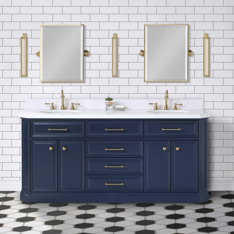 Water Creation PA72QZ06 - Palace 72 In. Double Sink Pre-Assembled Contemporary Style Bathroom Vanity With 1-9/16" Carrara White Engineered Marble Top And Satin Gold Hardware