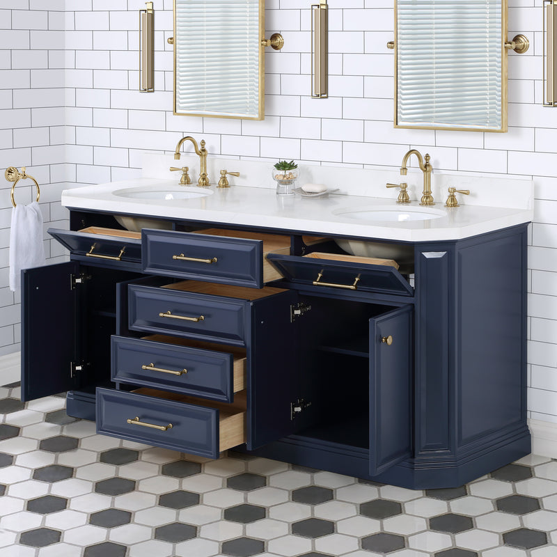 Water Creation PA72QZ06 - Palace 72 In. Double Sink Pre-Assembled Contemporary Style Bathroom Vanity With 1-9/16" Carrara White Engineered Marble Top And Satin Gold Hardware