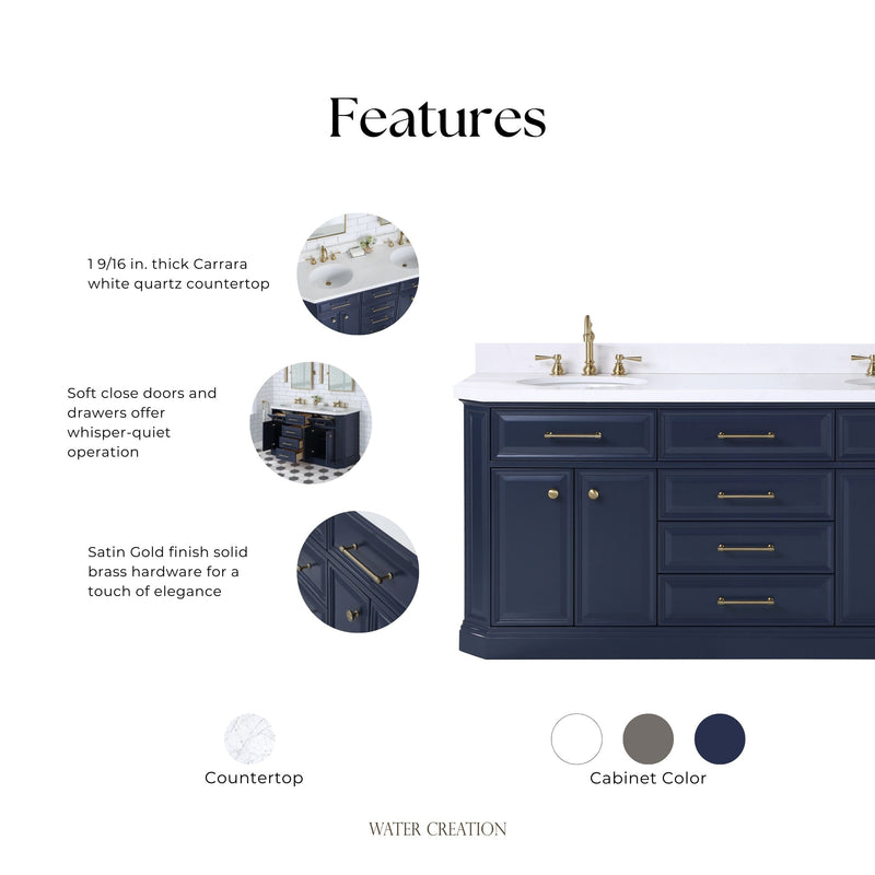 Water Creation PA72QZ06 - Palace 72 In. Double Sink Pre-Assembled Contemporary Style Bathroom Vanity With 1-9/16" Carrara White Engineered Marble Top And Satin Gold Hardware