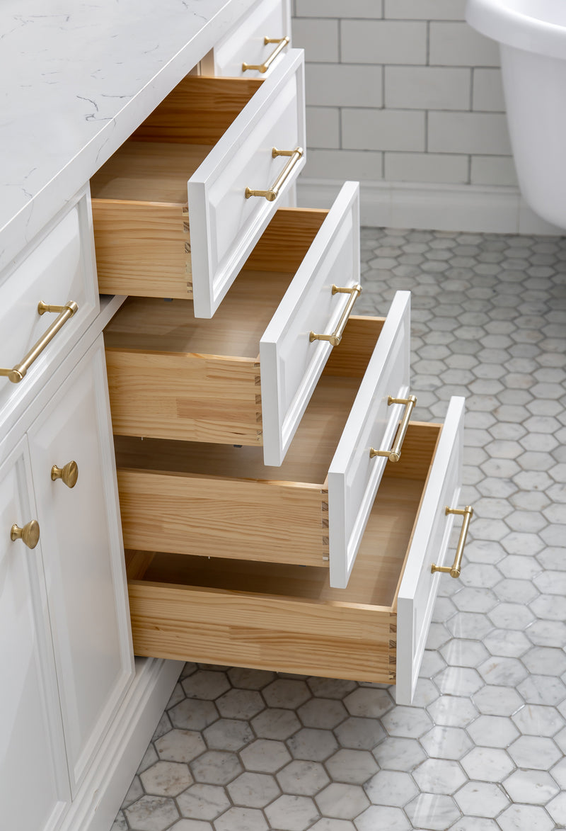 Water Creation PA72QZ06 - Palace 72 In. Double Sink Pre-Assembled Contemporary Style Bathroom Vanity With 1-9/16" Carrara White Engineered Marble Top And Satin Gold Hardware
