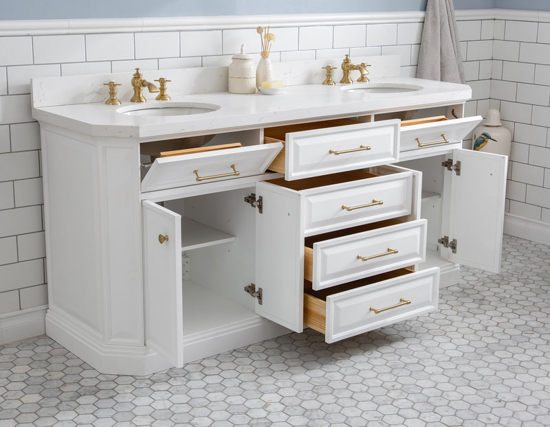 Water Creation PA72QZ06 - Palace 72 In. Double Sink Pre-Assembled Contemporary Style Bathroom Vanity With 1-9/16" Carrara White Engineered Marble Top And Satin Gold Hardware