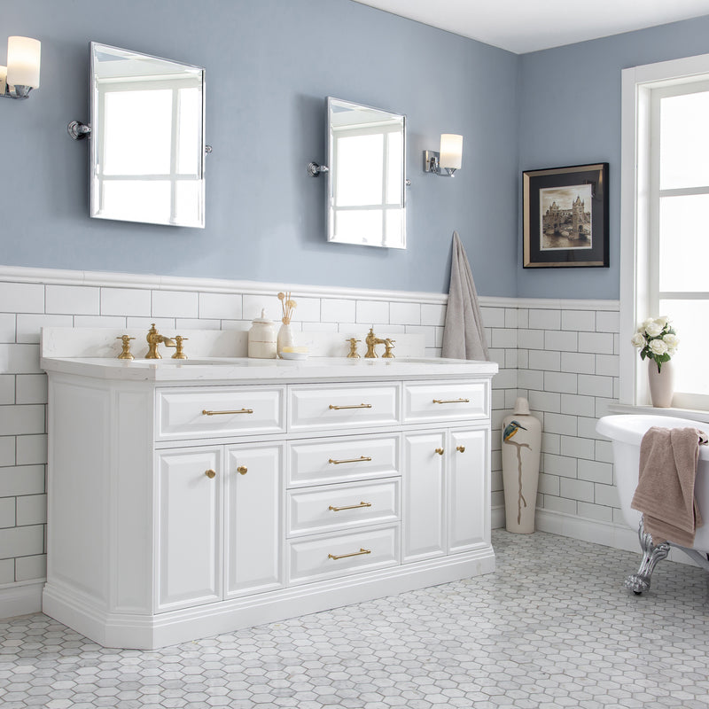 Water Creation PA72QZ06 - Palace 72 In. Double Sink Pre-Assembled Contemporary Style Bathroom Vanity With 1-9/16" Carrara White Engineered Marble Top And Satin Gold Hardware