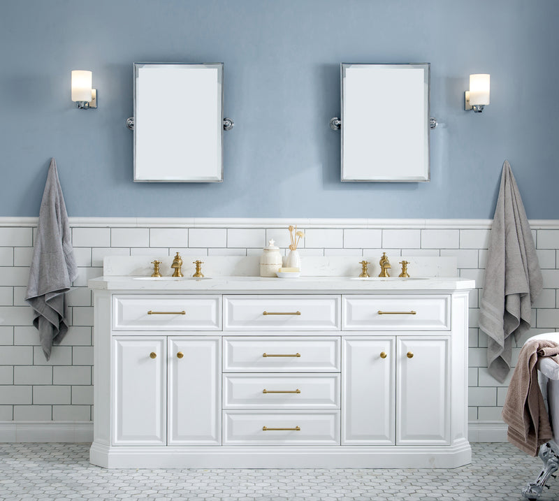 Water Creation PA72QZ06 - Palace 72 In. Double Sink Pre-Assembled Contemporary Style Bathroom Vanity With 1-9/16" Carrara White Engineered Marble Top And Satin Gold Hardware