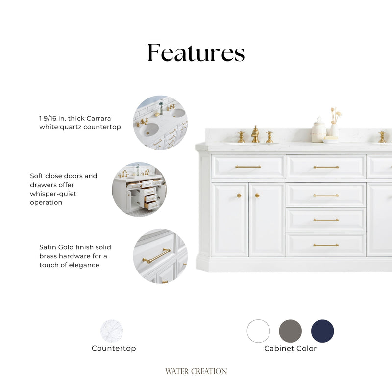 Water Creation PA72QZ06 - Palace 72 In. Double Sink Pre-Assembled Contemporary Style Bathroom Vanity With 1-9/16" Carrara White Engineered Marble Top And Satin Gold Hardware